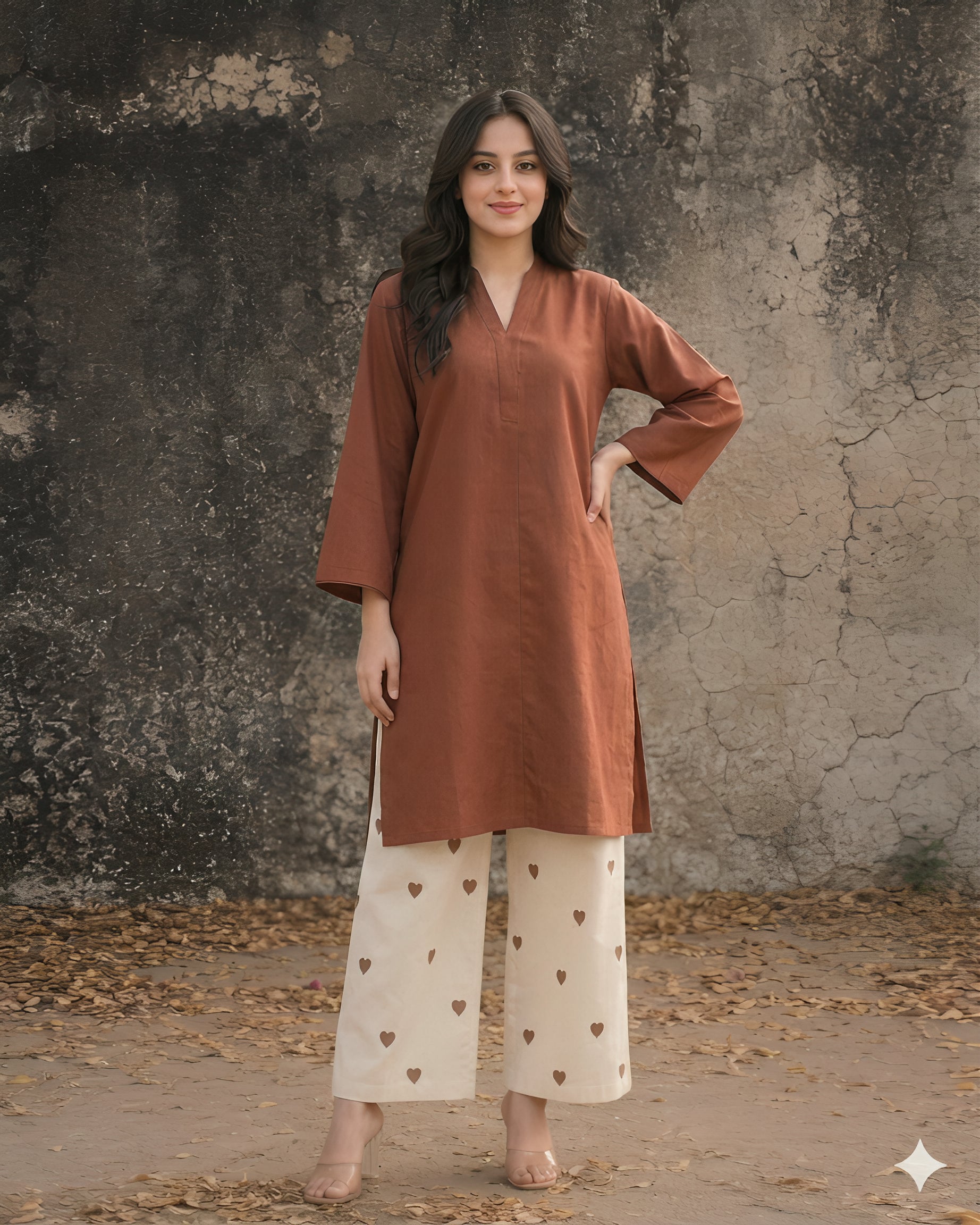Mocha Charm Kurti & Heart embroidery Palazzo Set