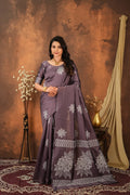 Lavender Grey Floral Silk Blend Saree with Elegant Silver Weaving