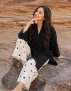 Black V-Neck Kurti with Heart embroidery Wide-Leg Palazzo Set