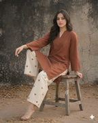 Mocha Charm Kurti & Heart embroidery Palazzo Set