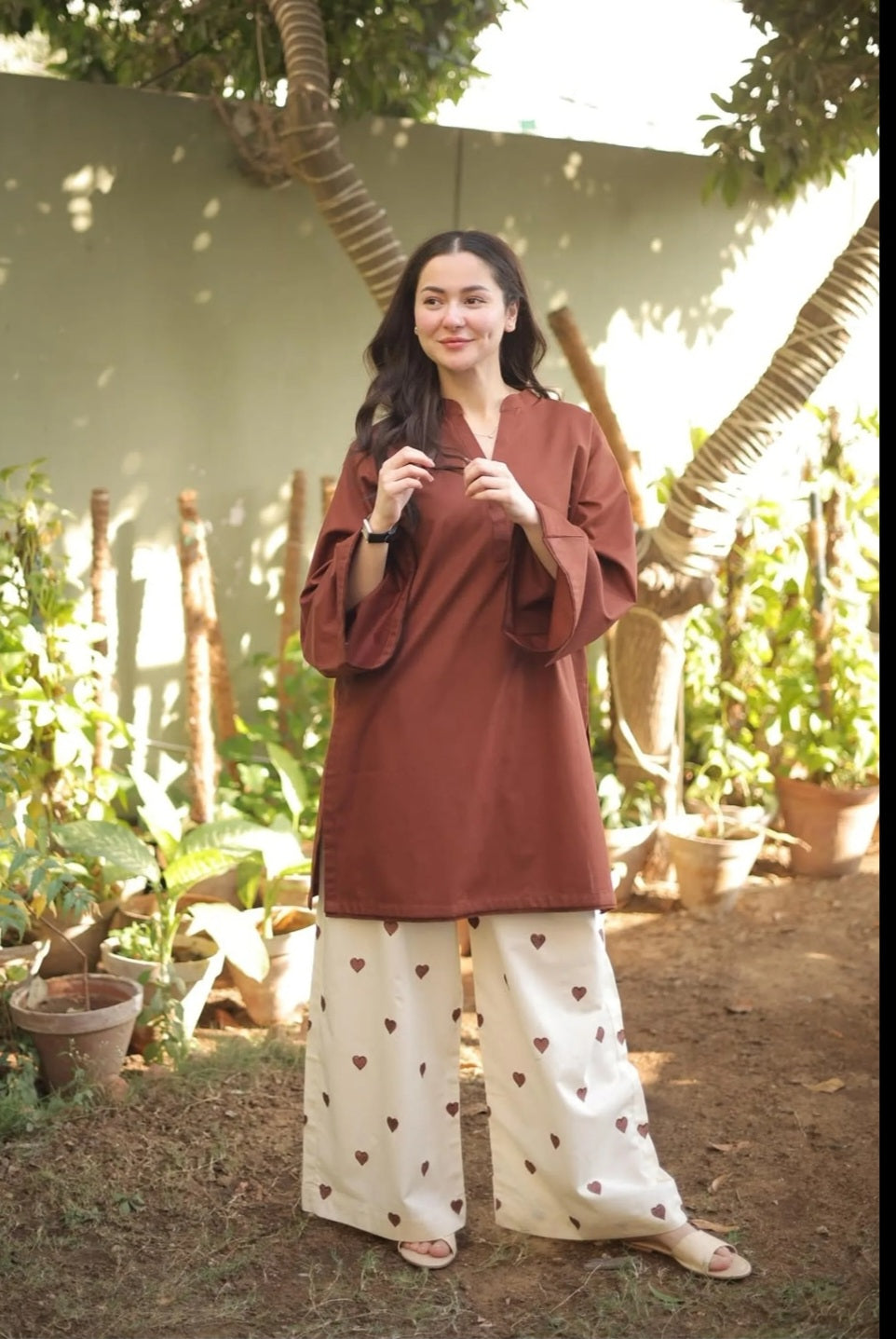 Mocha Charm Kurti & Heart embroidery Palazzo Set