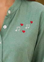 Sage Green Cotton Shirt for Women | Musical Note Embroidered Casual Shirt