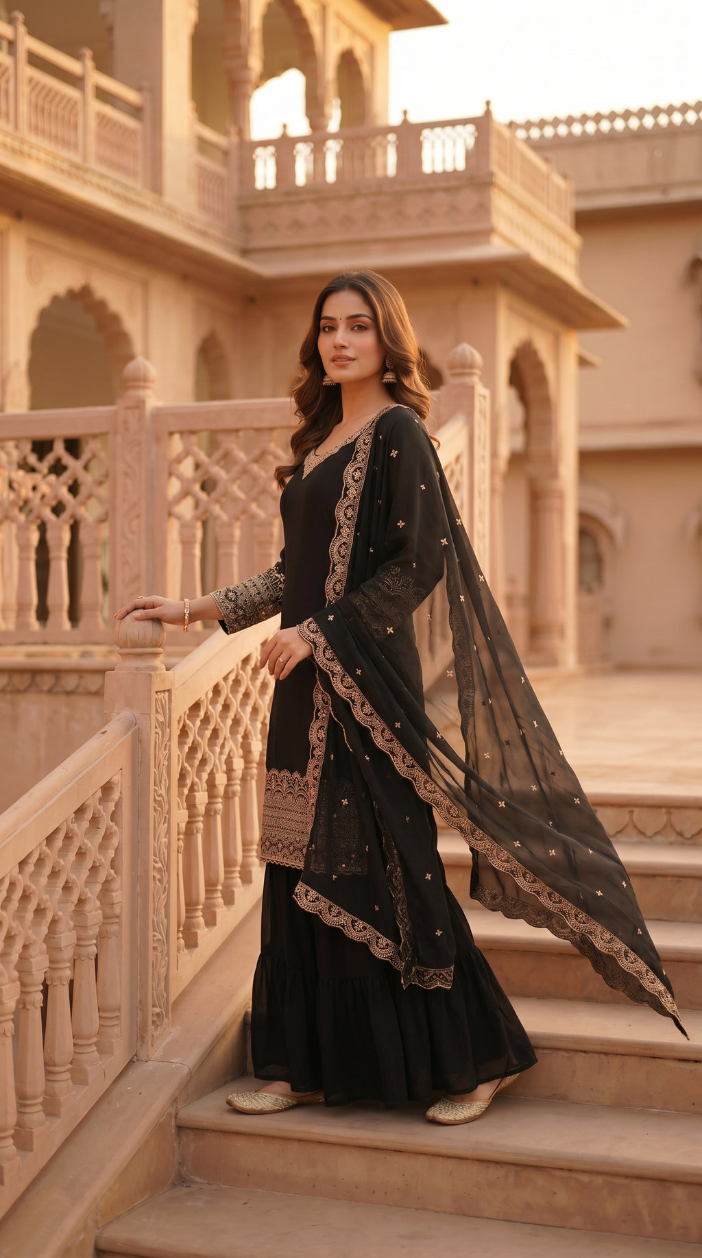 Noir Elegance Embroidered Sharara Suit Set with Dupatta
