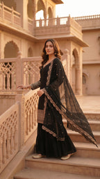 Noir Elegance Embroidered Sharara Suit Set with Dupatta