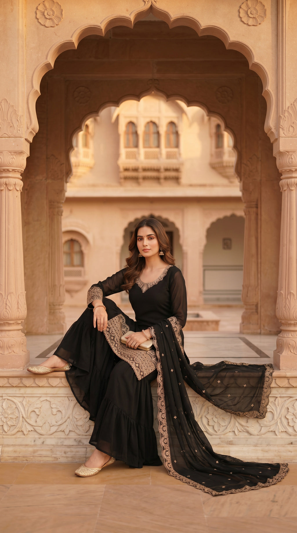 Noir Elegance Embroidered Sharara Suit Set with Dupatta