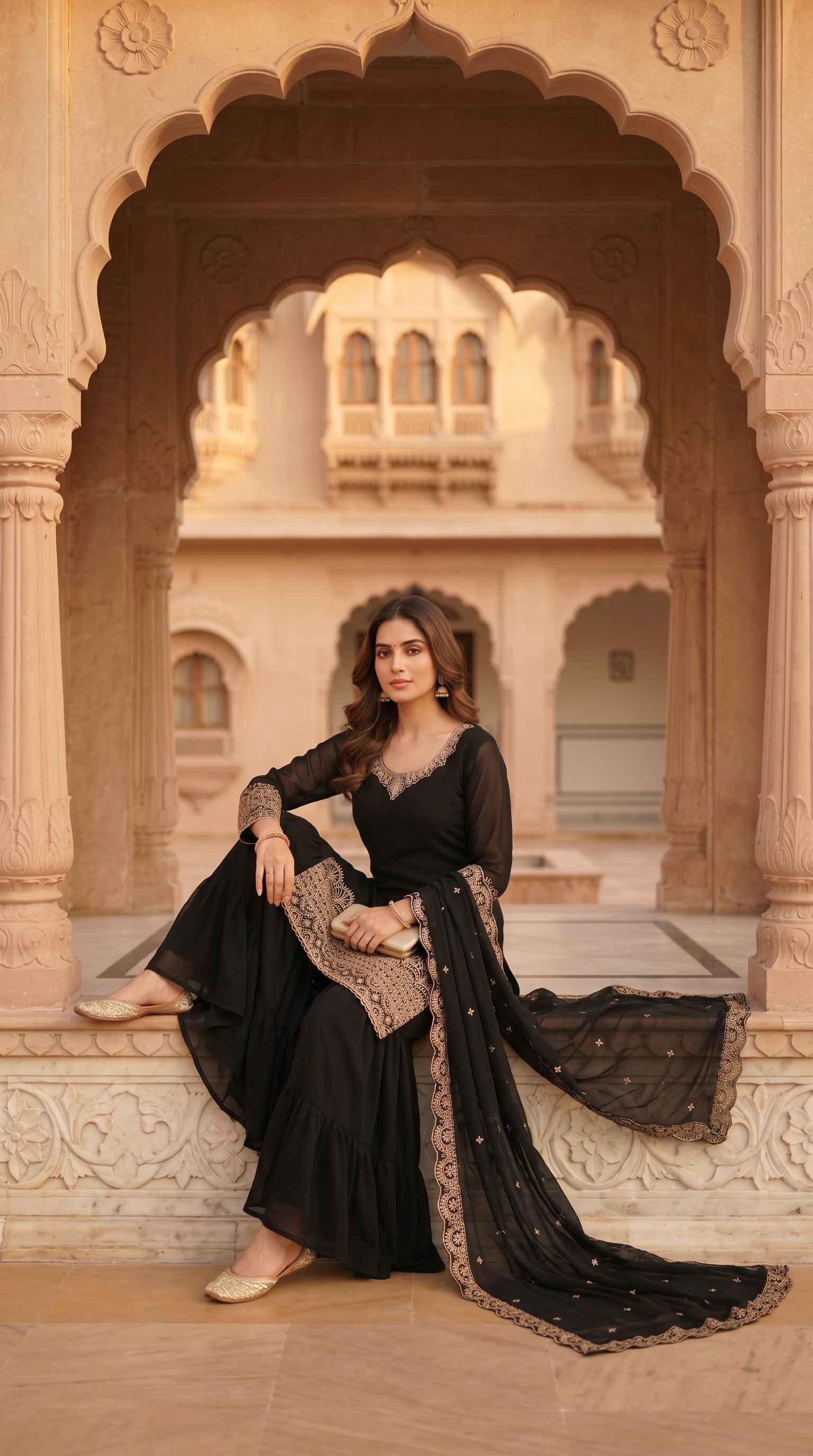 Noir Elegance Embroidered Sharara Suit Set with Dupatta