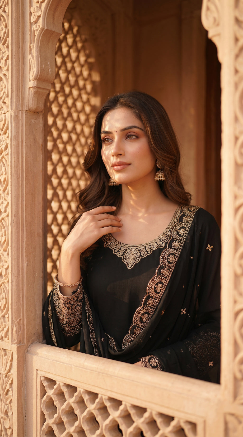 Noir Elegance Embroidered Sharara Suit Set with Dupatta