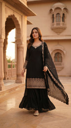 Noir Elegance Embroidered Sharara Suit Set with Dupatta