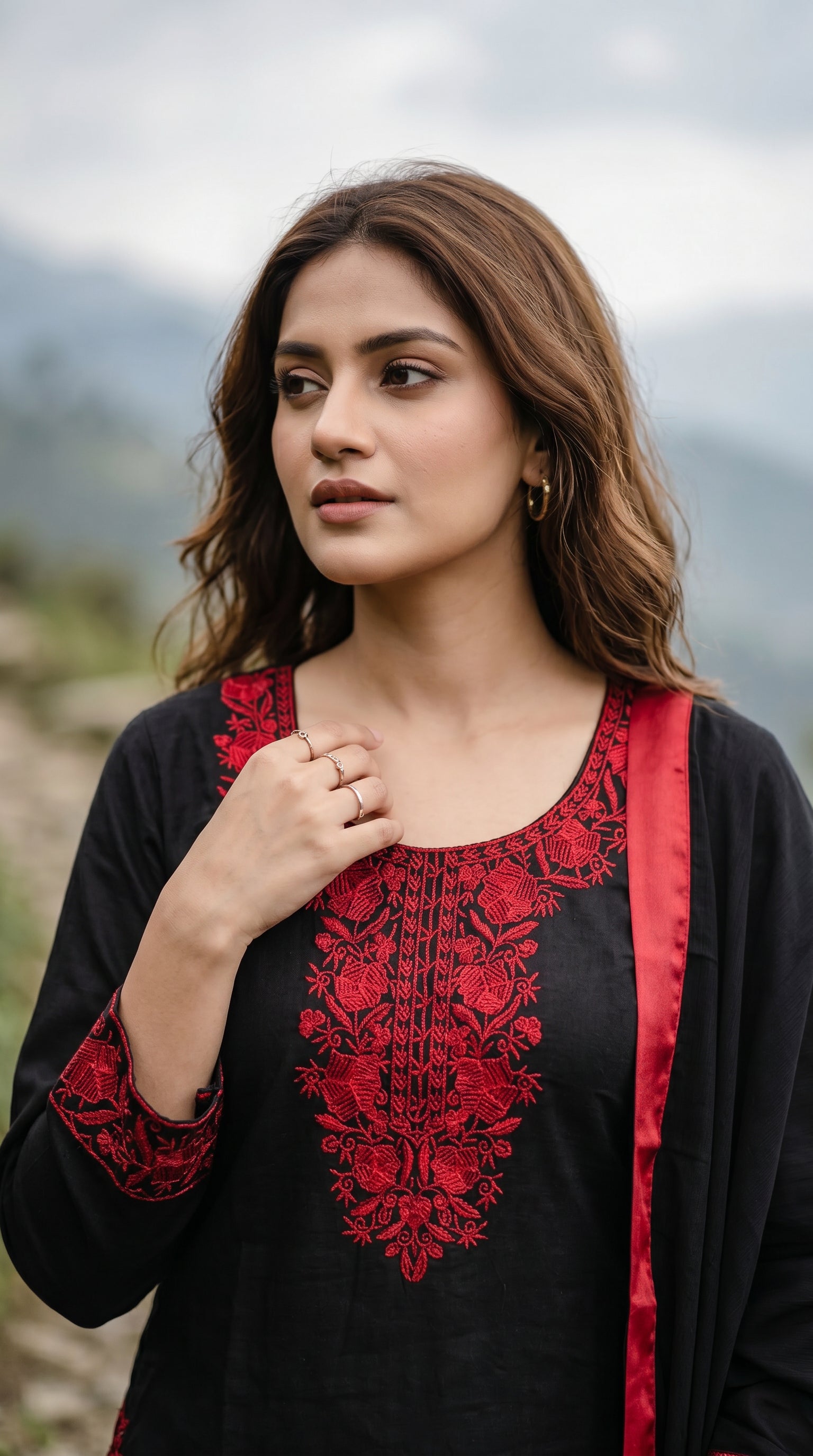 Black & Crimson Embroidered Pakistani Style Suit Set with Dupatta