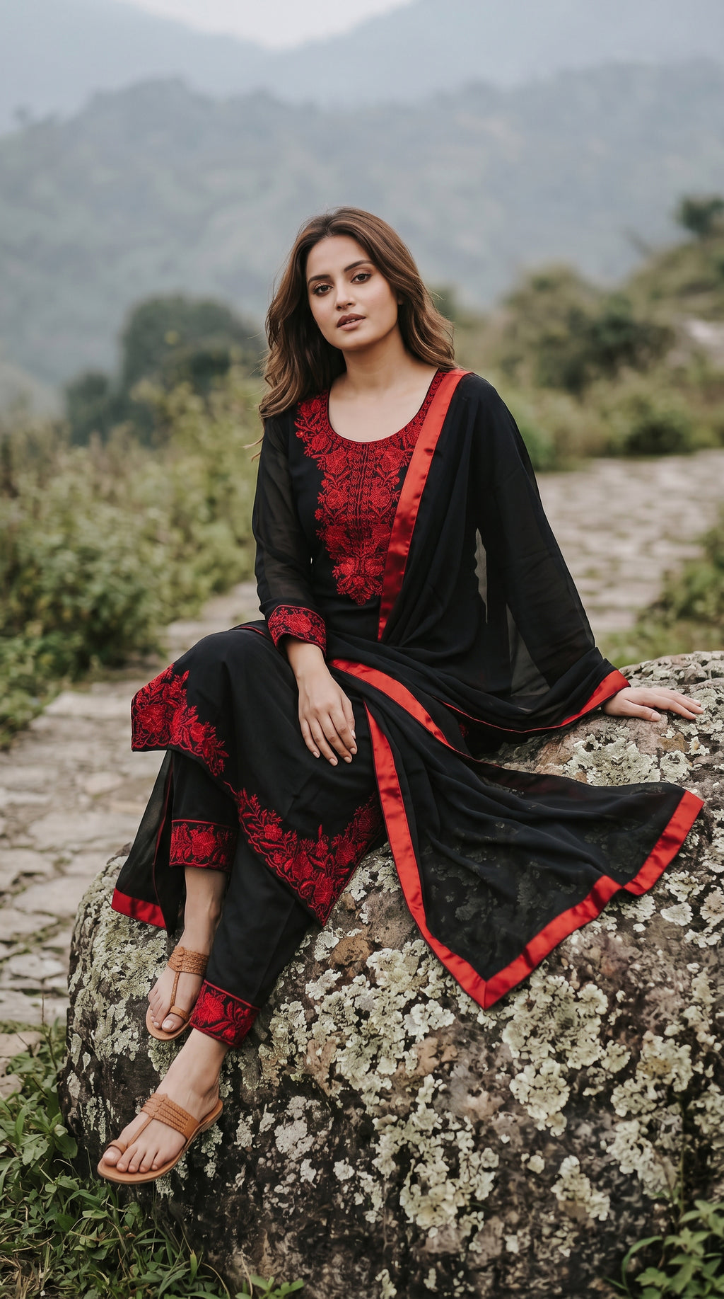 Black & Crimson Embroidered Pakistani Style Suit Set with Dupatta