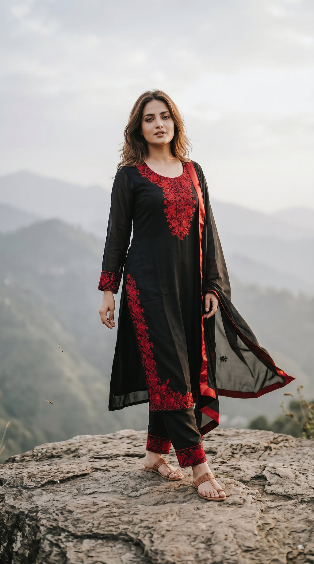 Black & Crimson Embroidered Pakistani Style Suit Set with Dupatta