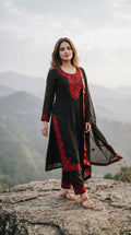 Black & Crimson Embroidered Pakistani Style Suit Set with Dupatta