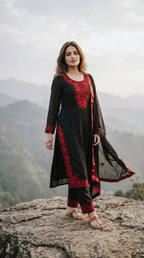 Black & Crimson Embroidered Pakistani Style Suit Set with Dupatta