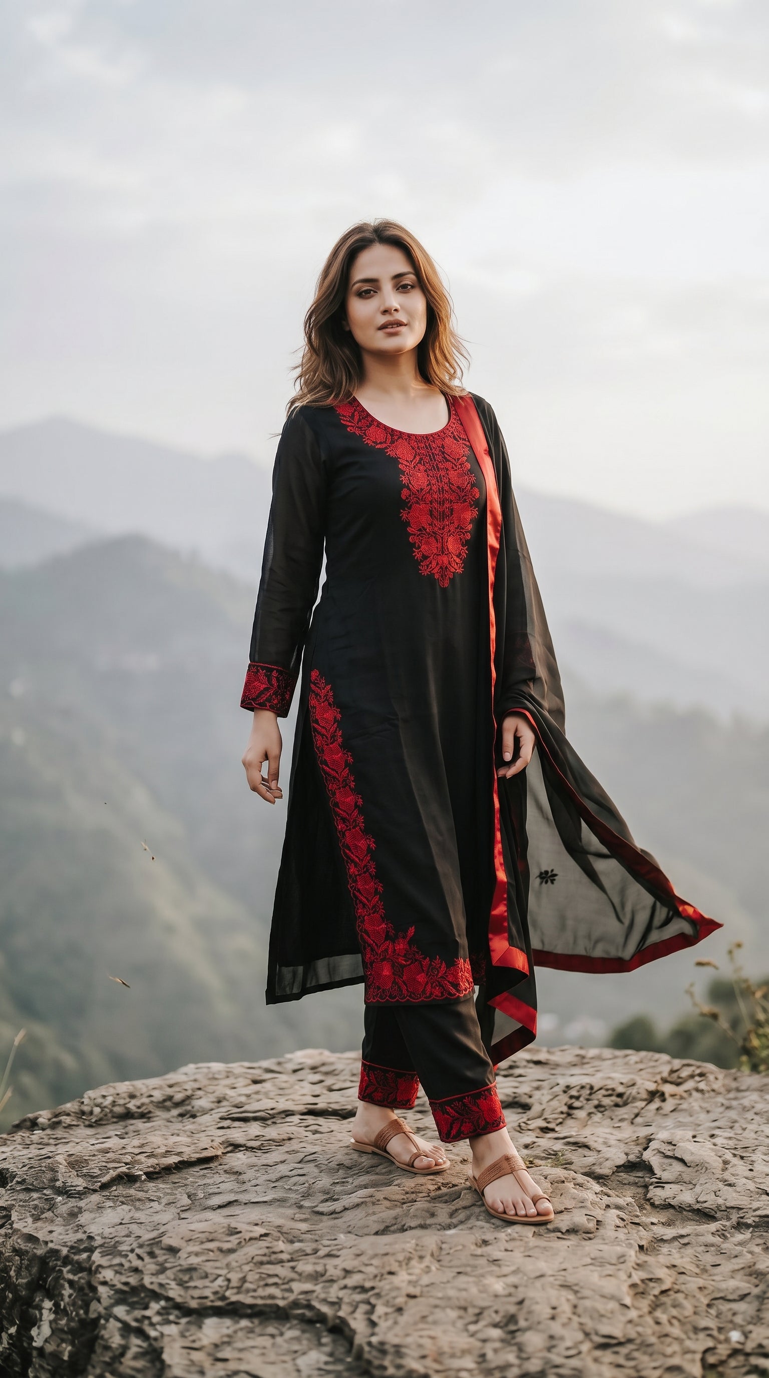 Black & Crimson Embroidered Pakistani Style Suit Set with Dupatta