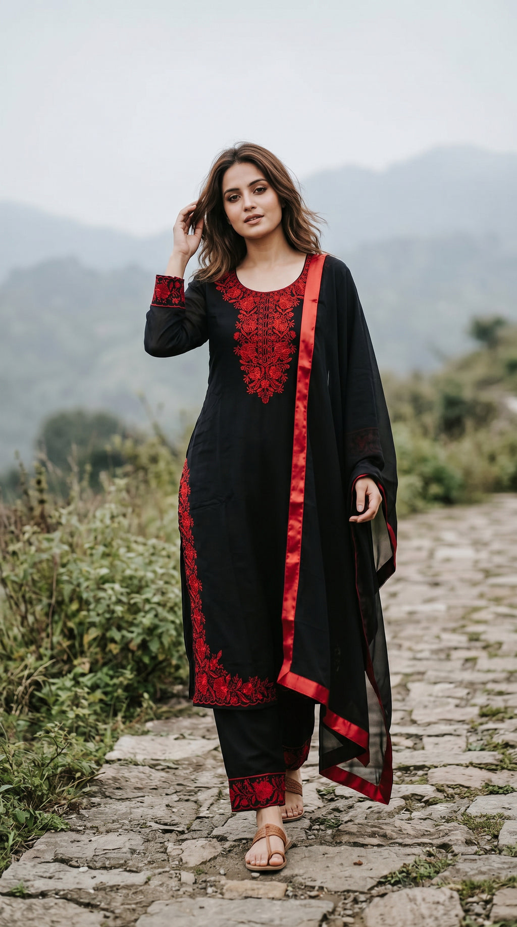 Black & Crimson Embroidered Pakistani Style Suit Set with Dupatta