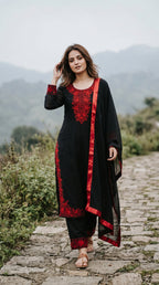 Black & Crimson Embroidered Pakistani Style Suit Set with Dupatta