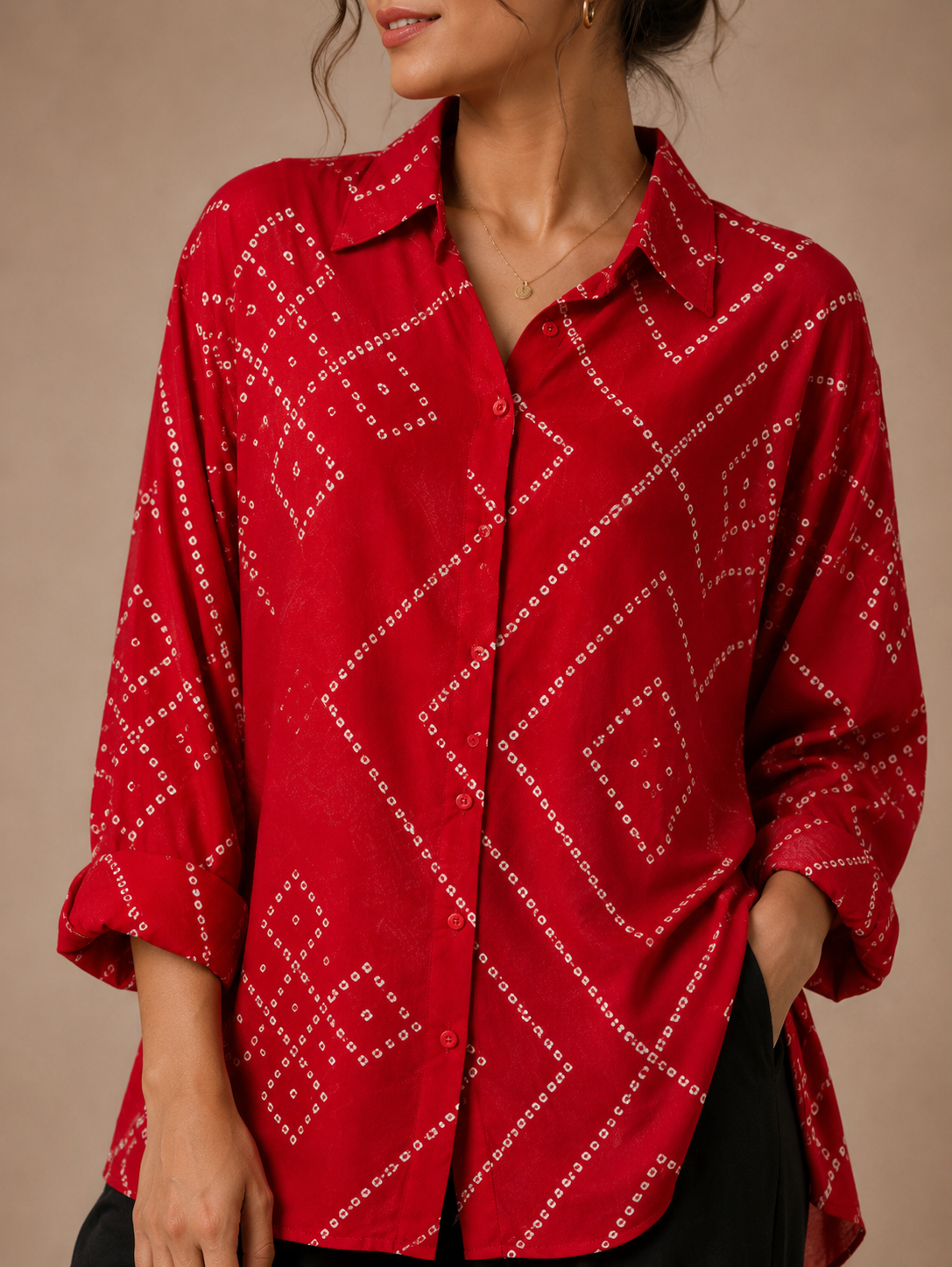 Women's Red Bandhani Print Collared Shirt | Premium Crepe| Full Sleeves