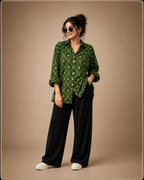 Women's Green Geometric Printed Cotton Crepe Oversized Casual Shirt