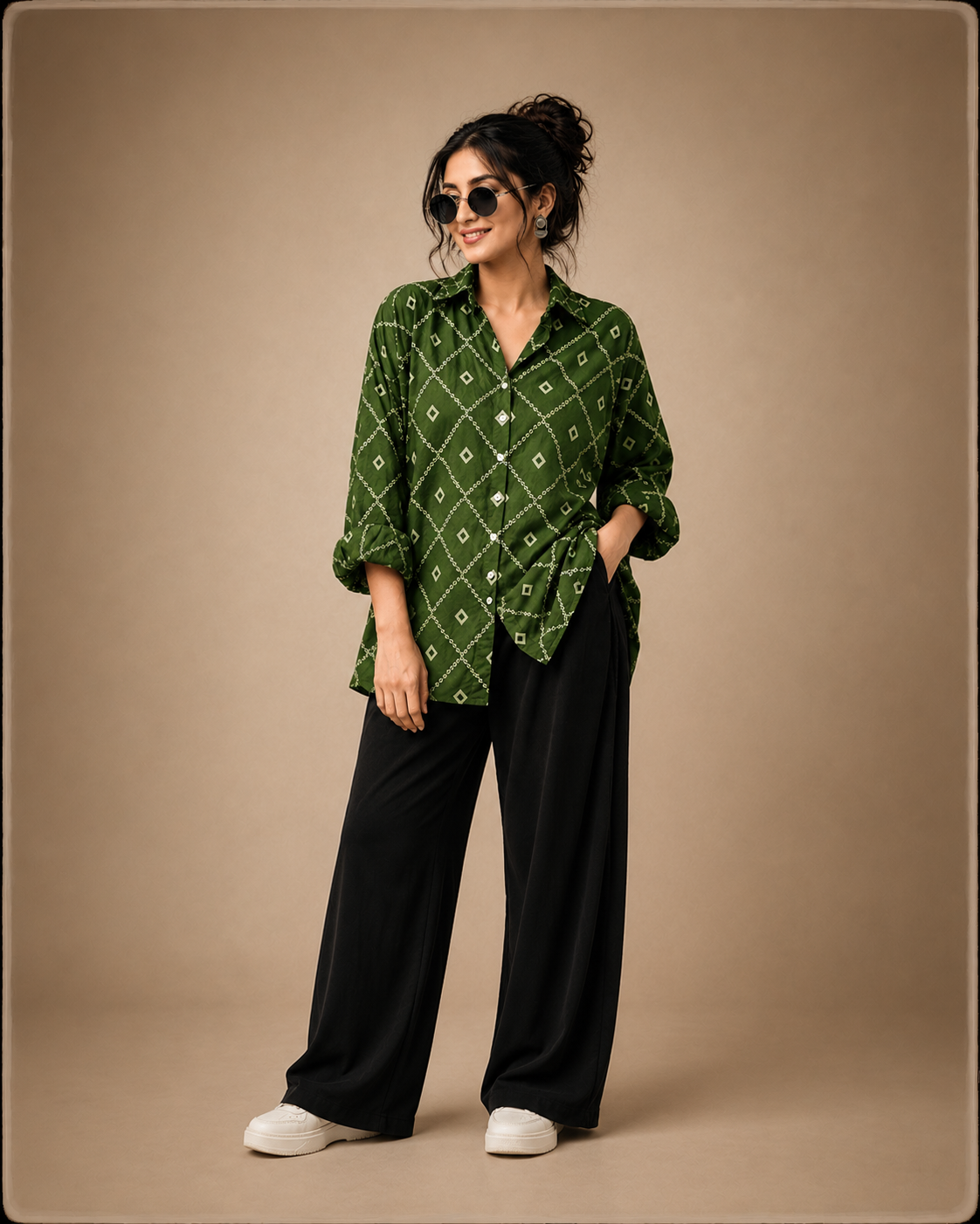 Women's Green Geometric Printed Cotton Crepe Oversized Casual Shirt