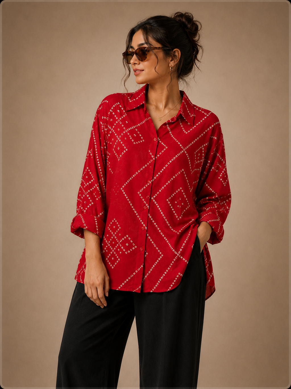 Women's Red Bandhani Print Collared Shirt | Premium Crepe| Full Sleeves
