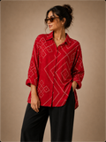 Women's Red Bandhani Print Collared Shirt | Premium Crepe| Full Sleeves