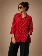 Women's Red Bandhani Print Collared Shirt | Premium Crepe| Full Sleeves