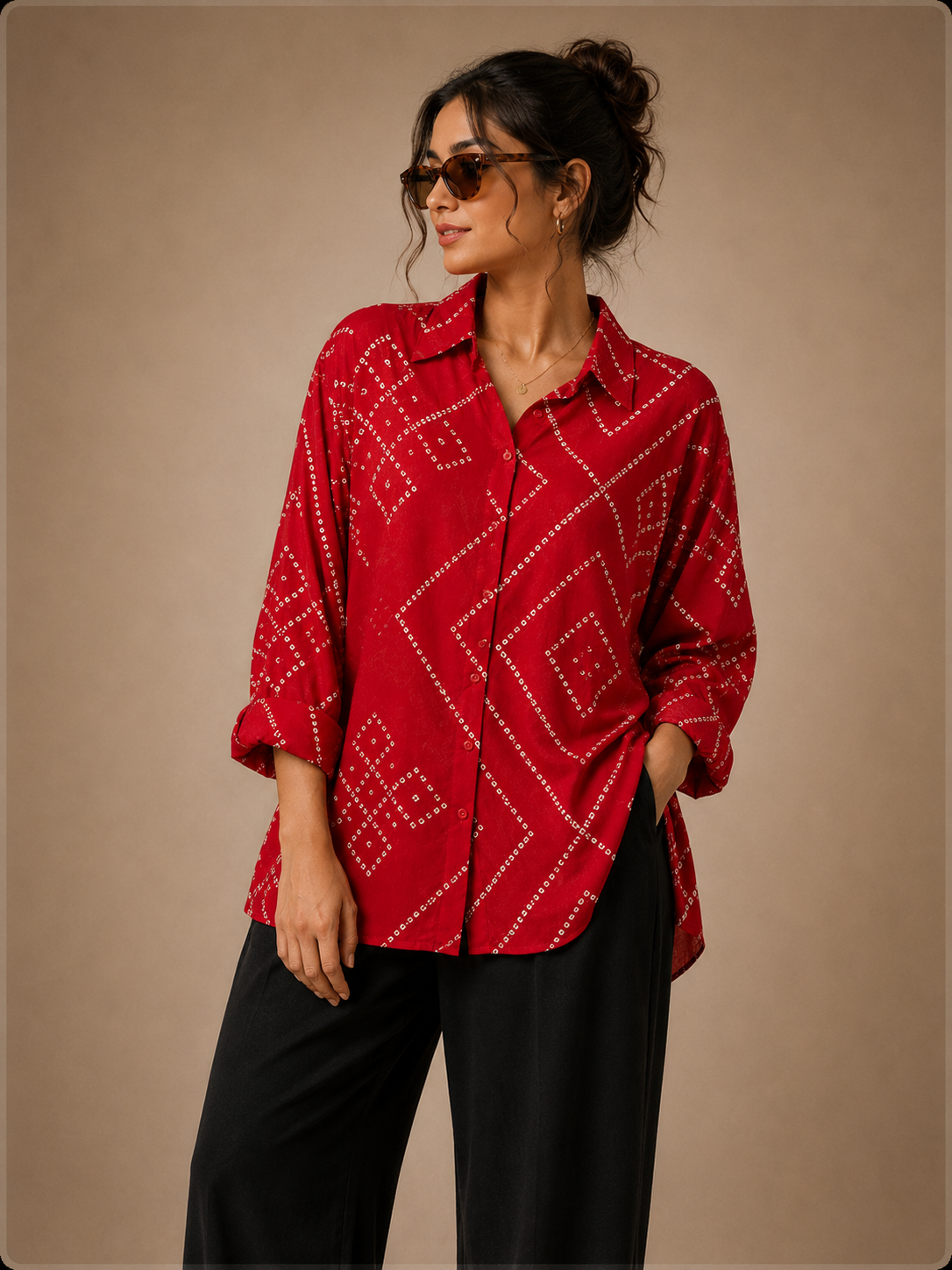Women's Red Bandhani Print Collared Shirt | Premium Crepe| Full Sleeves