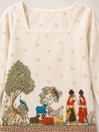 Women's Off-White Heritage Print Cotton Straight Kurti | Square Neck | Full Sleeves