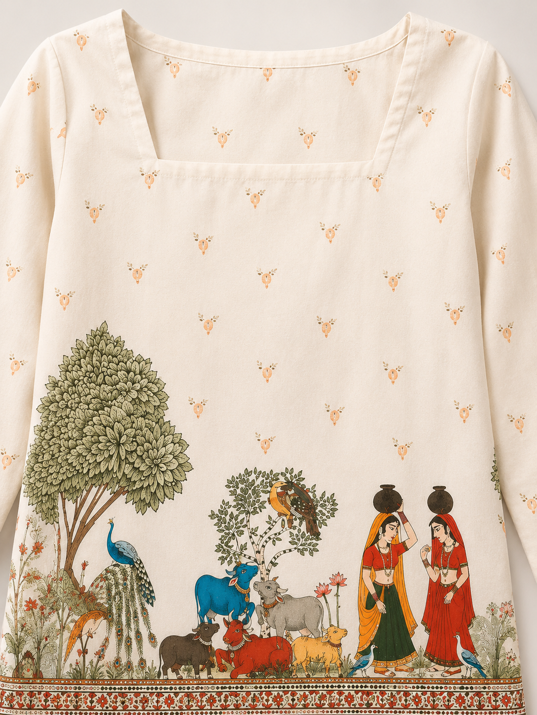 Women's Off-White Heritage Print Cotton Straight Kurti | Square Neck | Full Sleeves