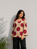 Beige Cotton Top with Maroon Floral Print | Round Neck Casual Top | LaddyLuxe