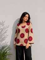 Beige Cotton Top with Maroon Floral Print | Round Neck Casual Top | LaddyLuxe