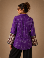 Women's Purple Bandhani Print Collared Shirt | 3/4 Sleeves | Premium crepe