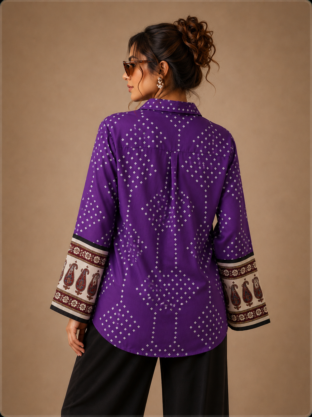 Women's Purple Bandhani Print Collared Shirt | 3/4 Sleeves | Premium crepe