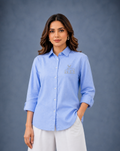 Sky Blue Cotton Shirt for Women | Deer Embroidery Full Sleeve Shirt