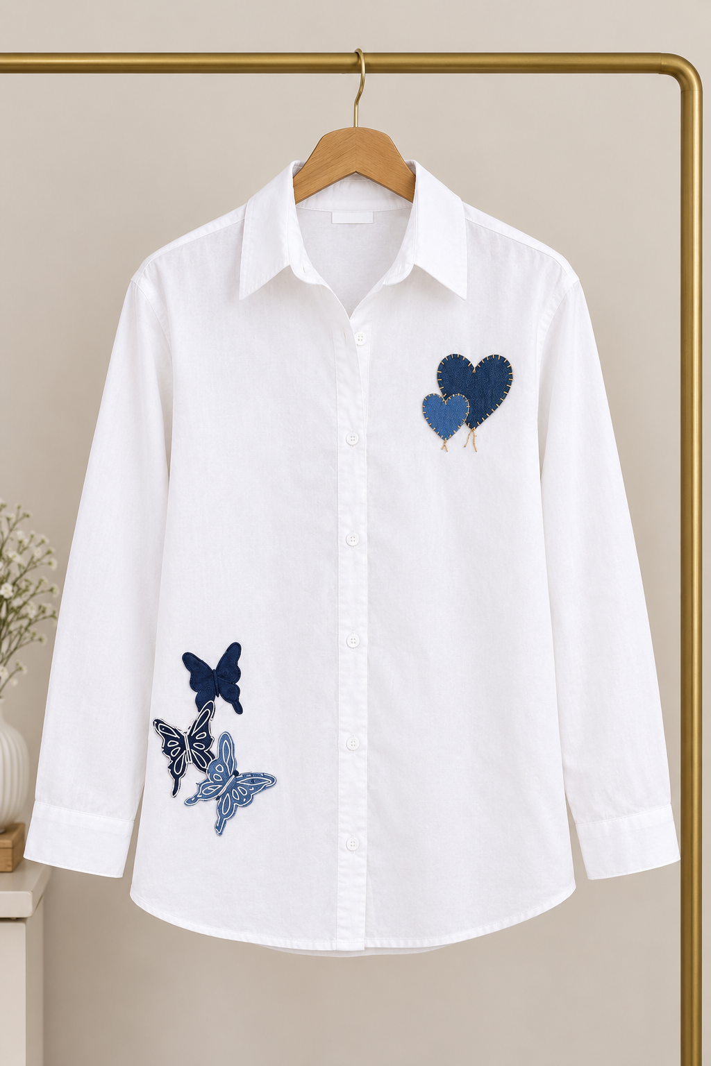 Women's White Butterfly & Heart Appliqué Cotton Shirt