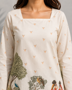 Women's Off-White Heritage Print Cotton Straight Kurti | Square Neck | Full Sleeves