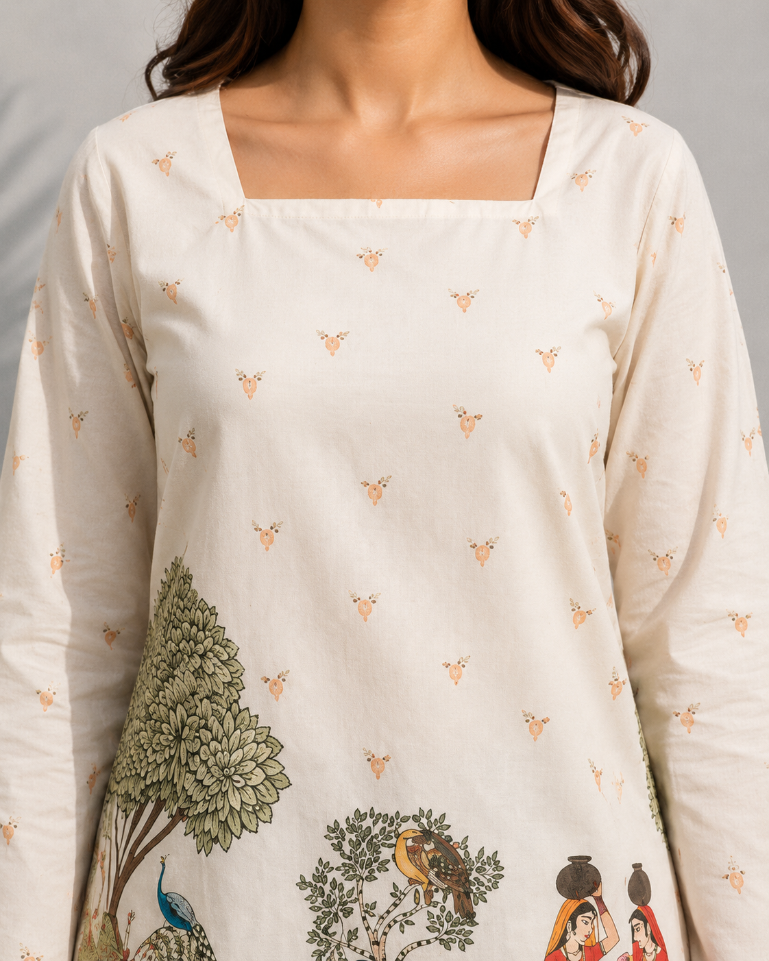 Women's Off-White Heritage Print Cotton Straight Kurti | Square Neck | Full Sleeves