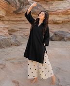 Black V-Neck Kurti with Heart embroidery Wide-Leg Palazzo Set