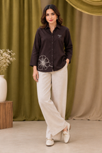 Chocolate Brown Floral Embroidery Shirt for Women