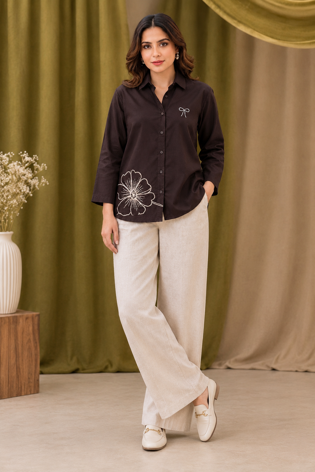 Chocolate Brown Floral Embroidery Shirt for Women