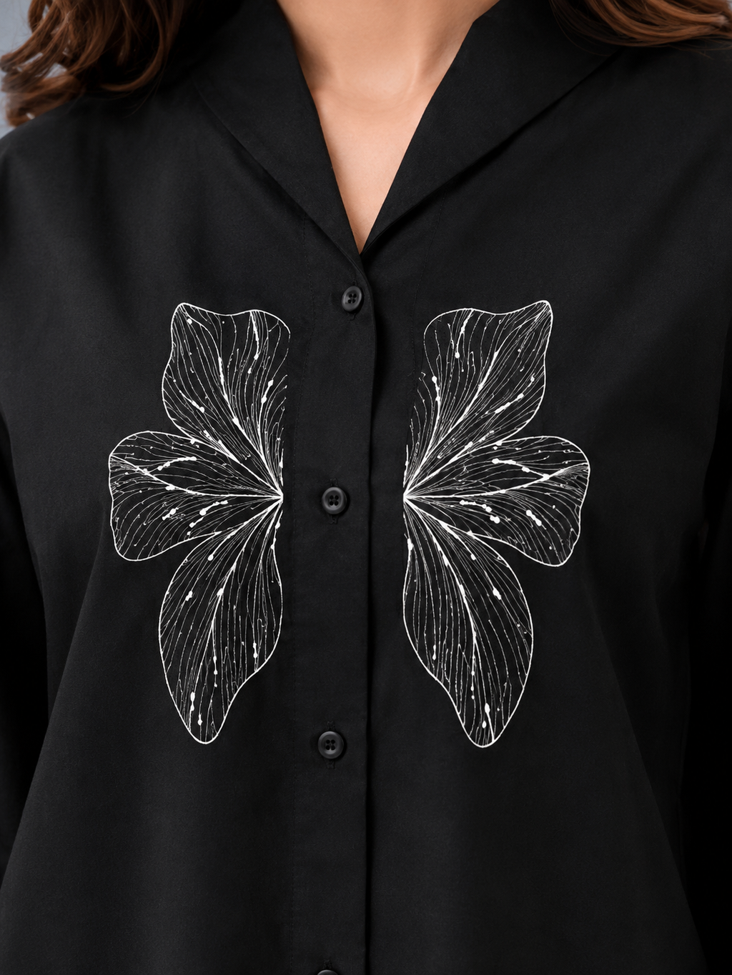 Women's Black Butterfly Embroidered Linen Cotton Oversized Shirt