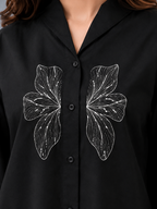Women's Black Butterfly Embroidered Linen Cotton Oversized Shirt