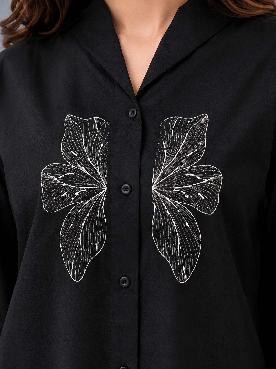Women's Black Butterfly Embroidered Linen Cotton Oversized Shirt