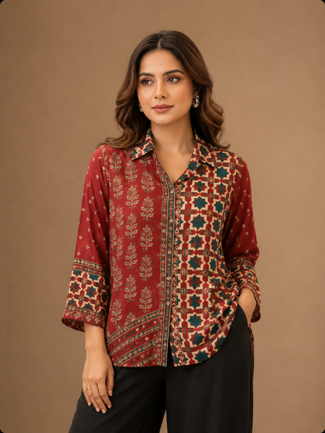 Women's Maroon Ethnic Print Collared Shirt | Premium Crepe | 3/4 Sleeves