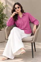 Women's Rose Pink Textured Cotton Shirt | Relaxed Casual Wear