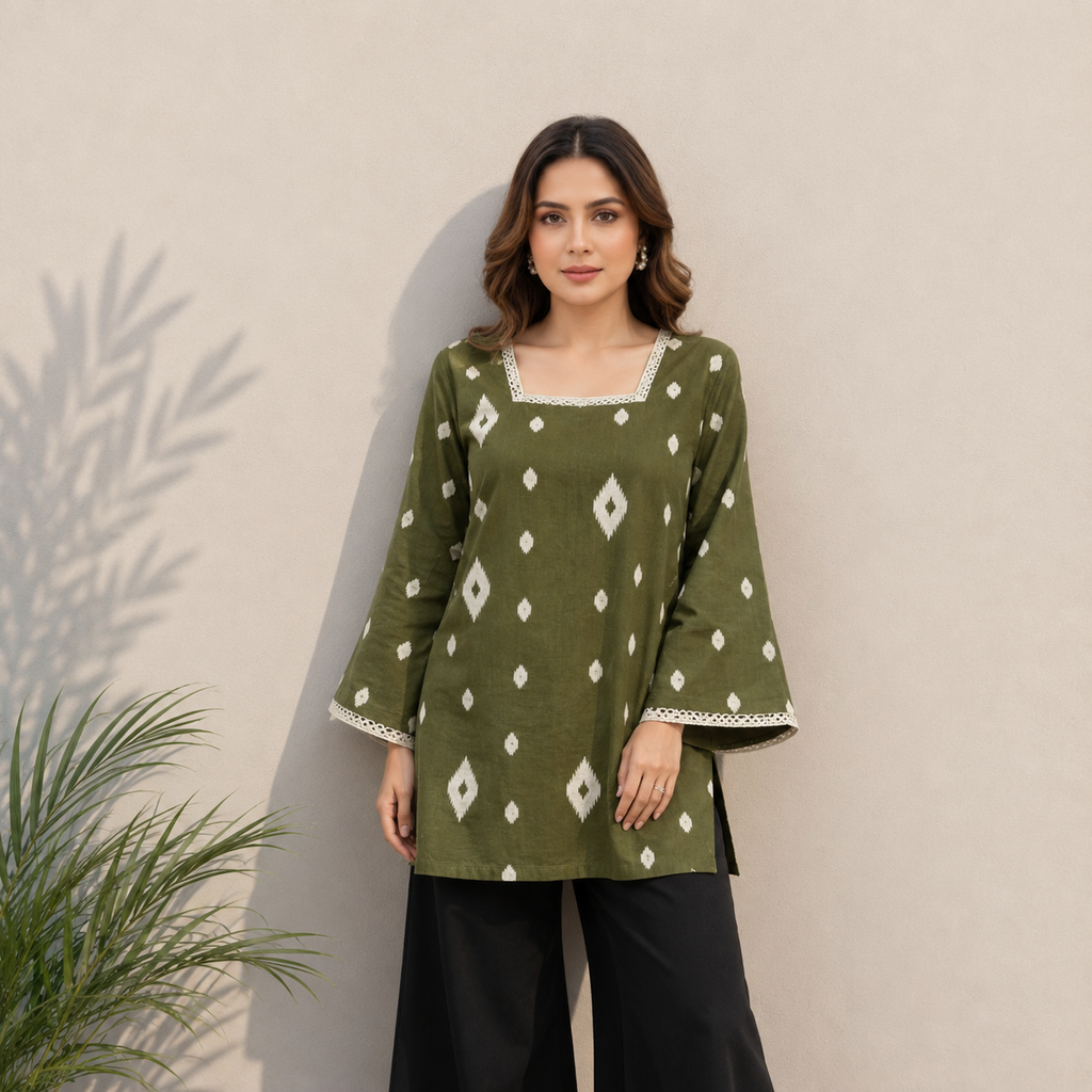 Olive Green Ikat Print Cotton Top | Square Neck Casual Top | LaddyLuxe