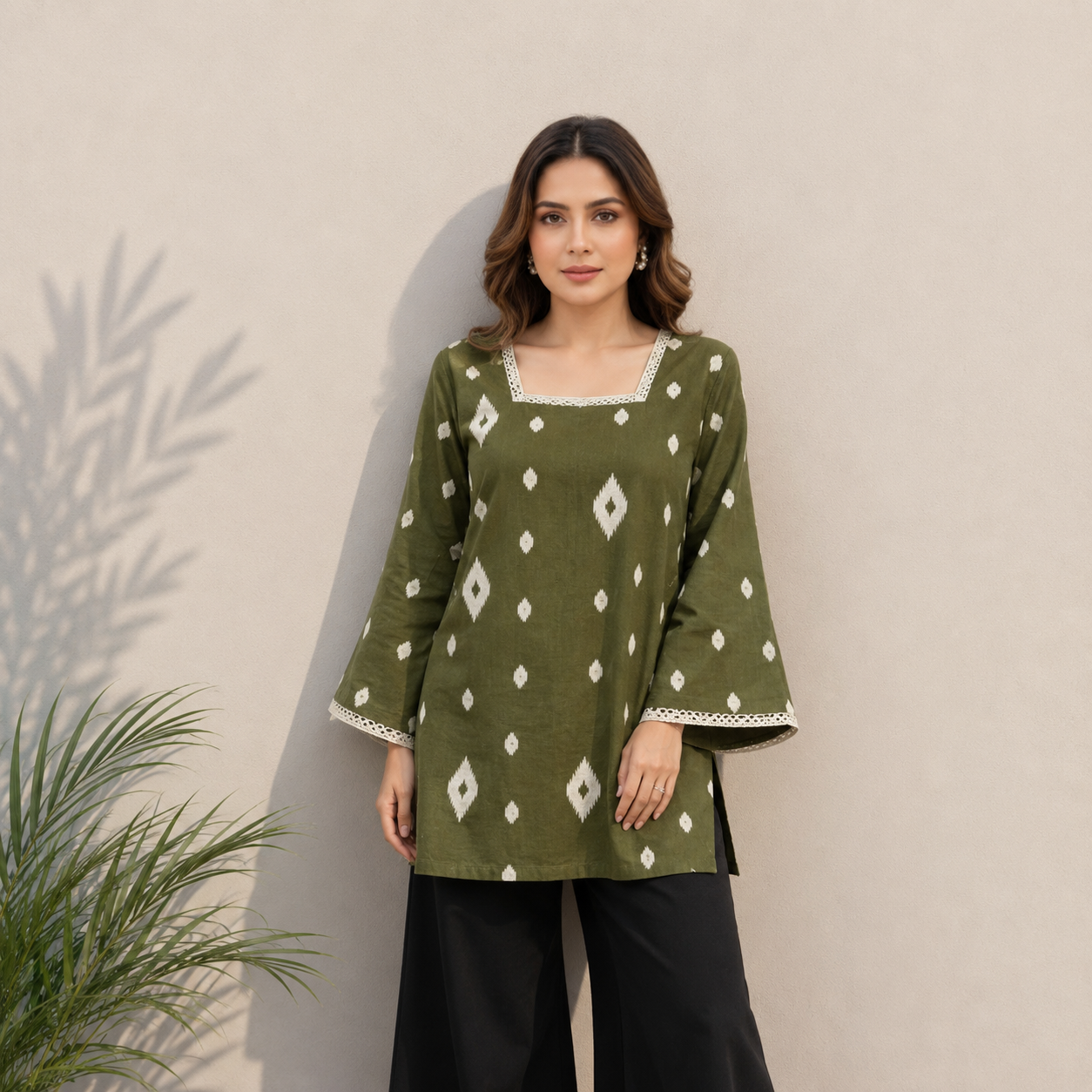 Olive Green Ikat Print Cotton Top | Square Neck Casual Top | LaddyLuxe