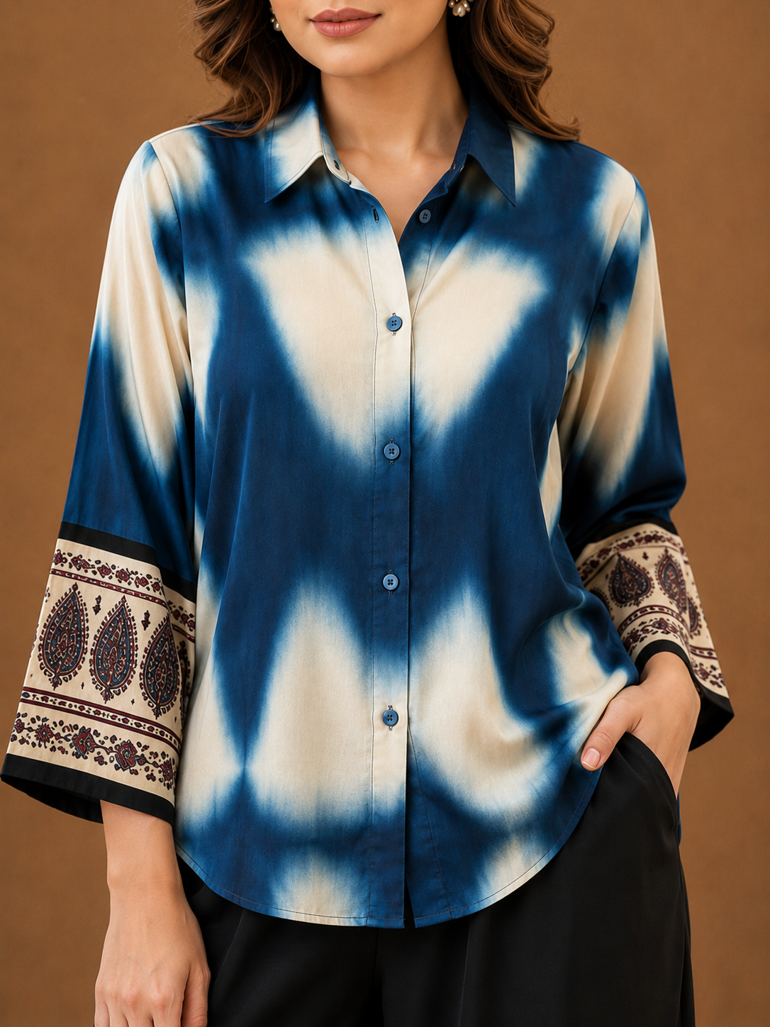 Indigo Tie-Dye natural crape Shirt for Women with Paisley Border Sleeves