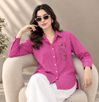 Women's Pink Face Line Art Embroidered Cotton Shirt | Relaxed Fit