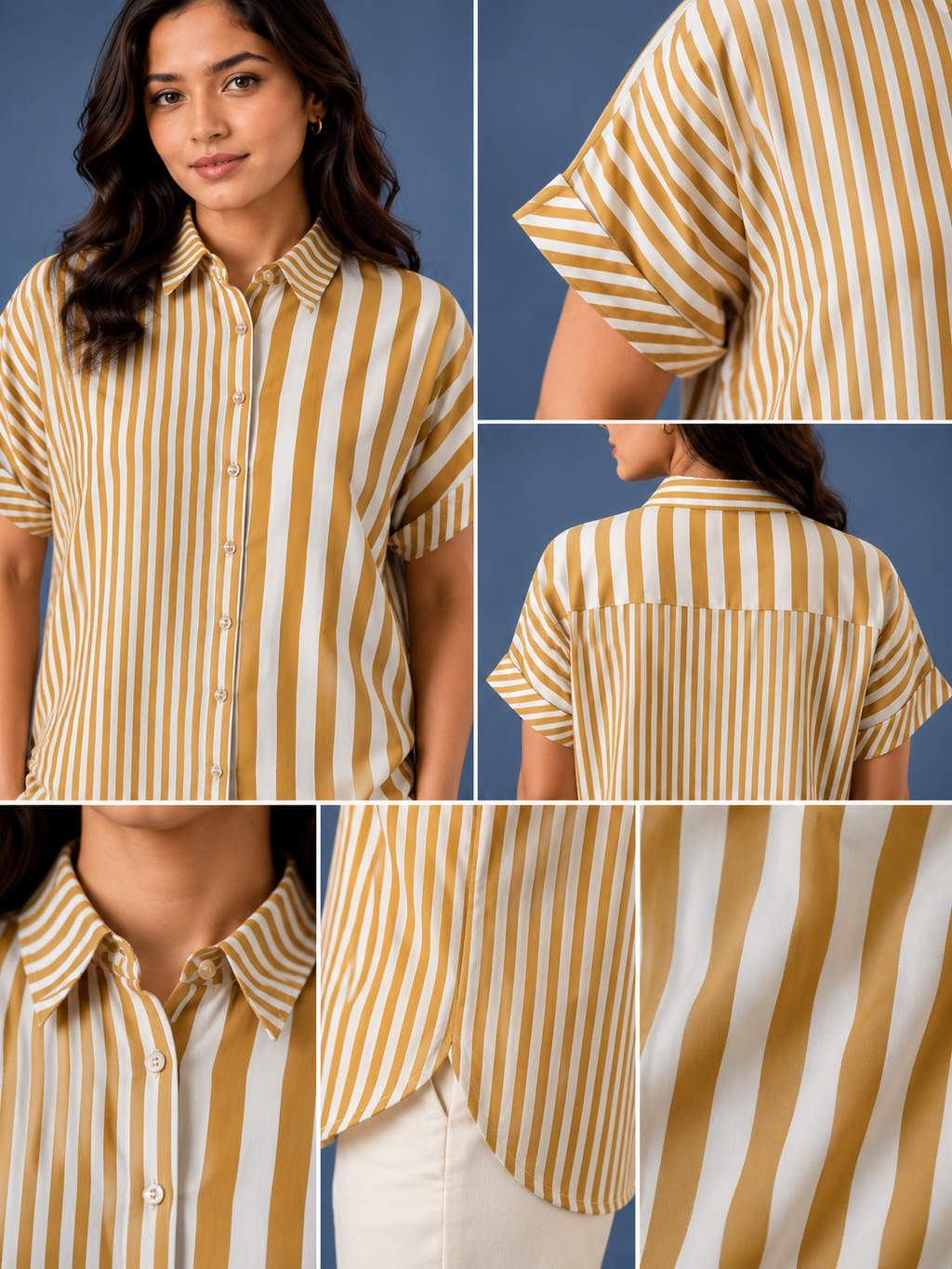 Mustard & White Striped Pure Crape Shirt for Women | Half Sleeve Casual Shirt